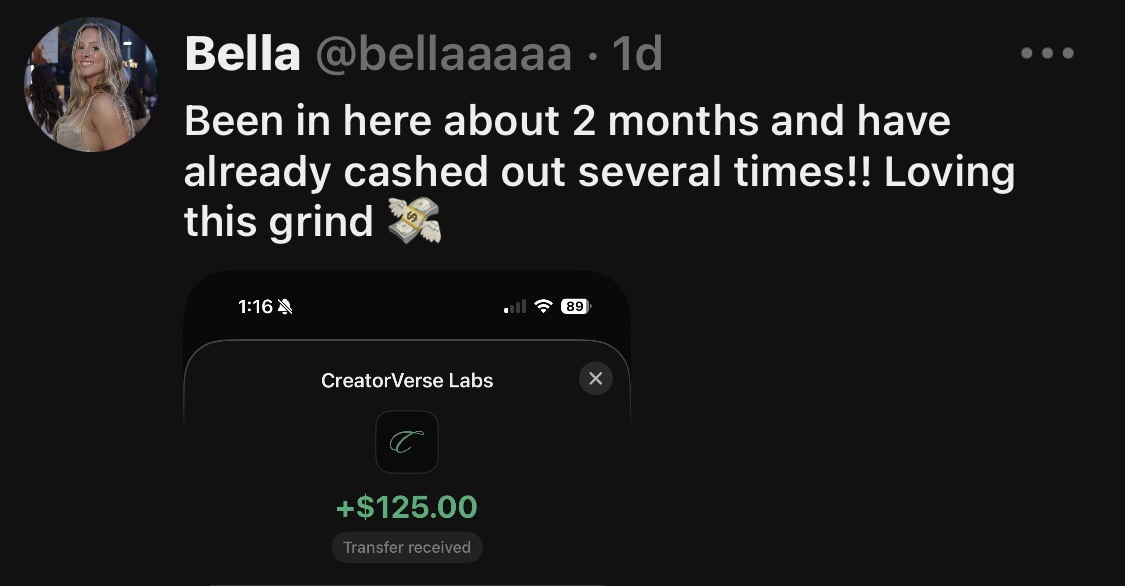 Creator post about cashing out several times from CreatorVerse Labs